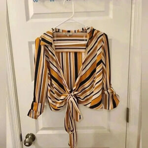 Papaya Striped Yellow Black Front Tie Blouse Size S Mid Sleeve
